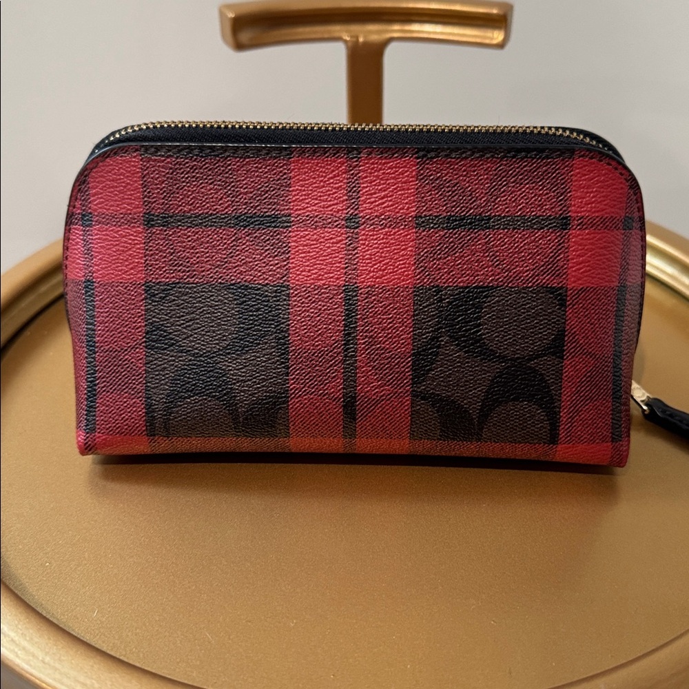 Coach Cosmetic Case in Signature Canvas in Field Plaid Print with Brown Red - Picture 7 of 7